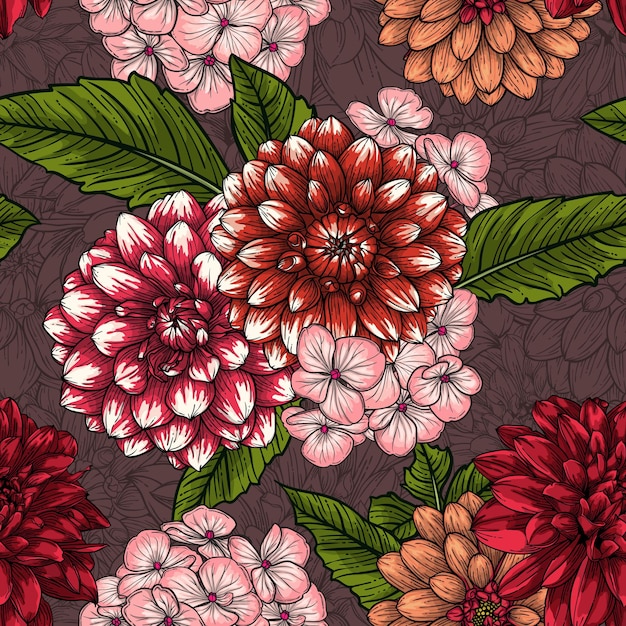 Red Gradient Dahlia flowers Vector seamless pattern