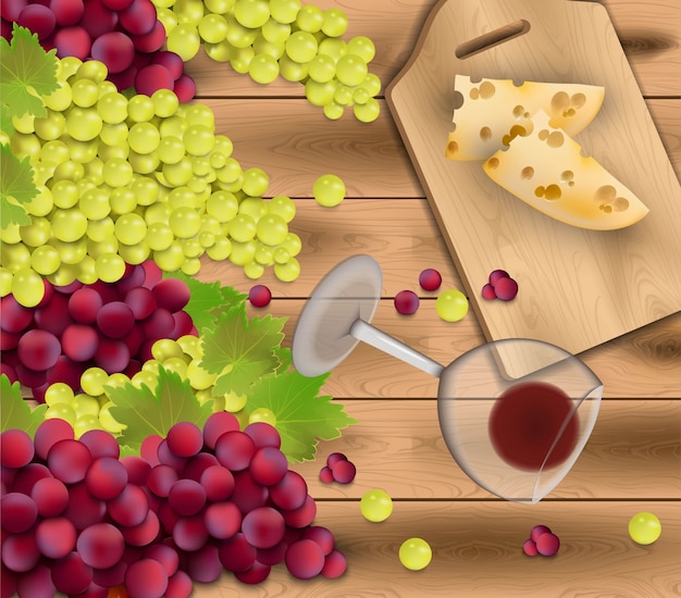 Vector red grapes on wood background. wine glass and cheese