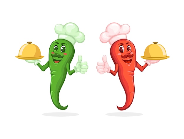 Red And Green Chili Hold Food Tray Spicy Food Mascot Cartoon illustration Vector