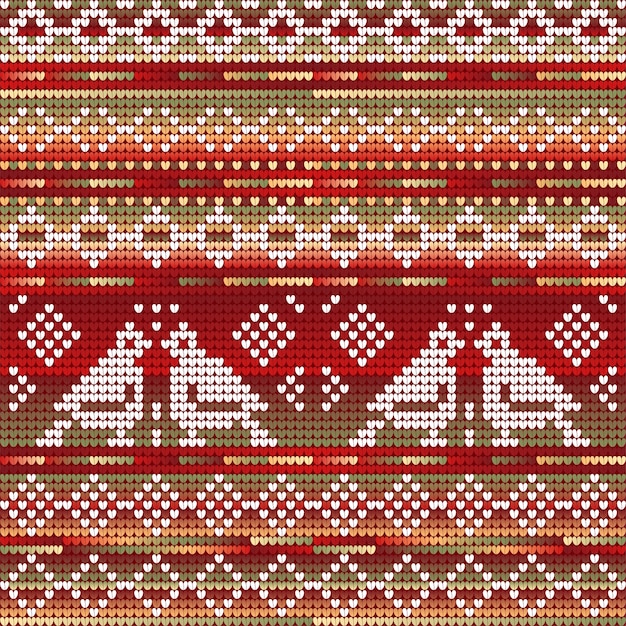 Red green gradient colors seamless pattern of christmas knitting with winter birds