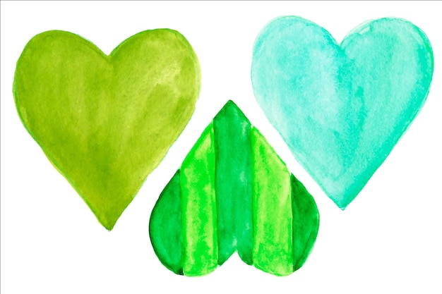 Акварель иллюстрации красных и зеленых сердец. Пастельные сердца.Любовь