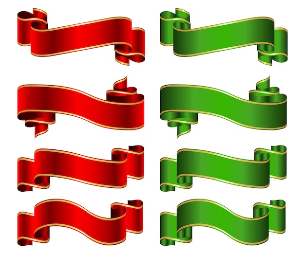 Vector red and green ribbon banner set.