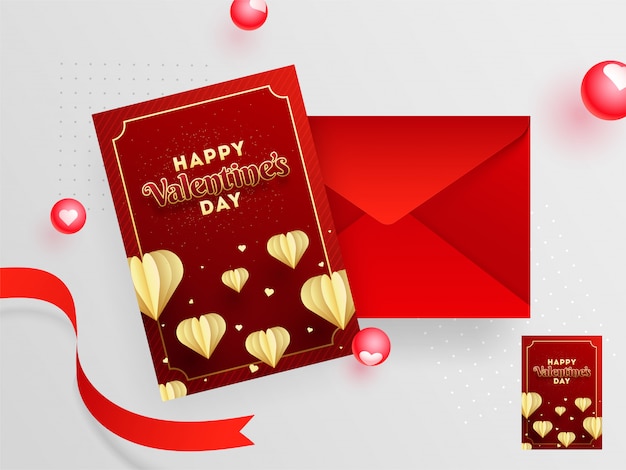 Vector red greeting card design with envelope for valentine's day celebration