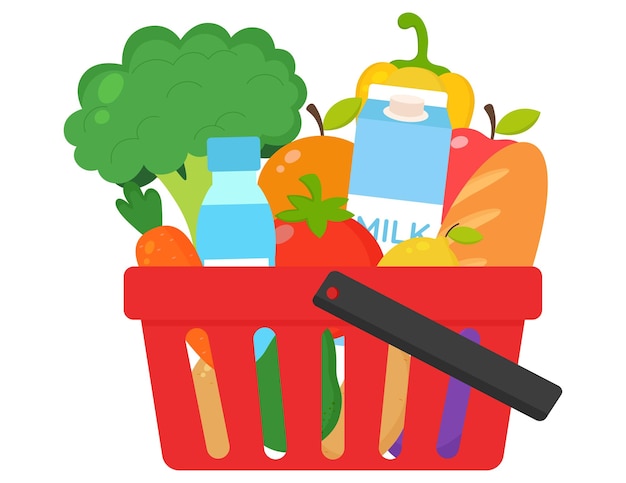 Красная продуктовая корзина, полная свежих продуктов на белом фоне. Здоровые органические свежие и натуральные