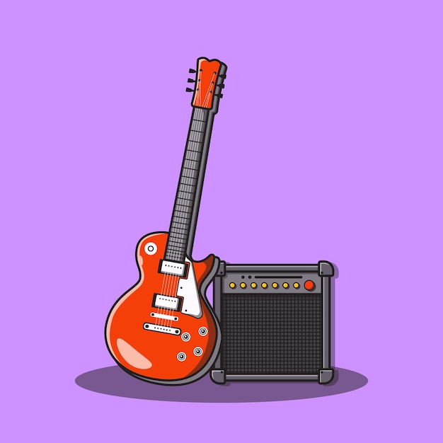 Red guitar and speaker cartoon flat design