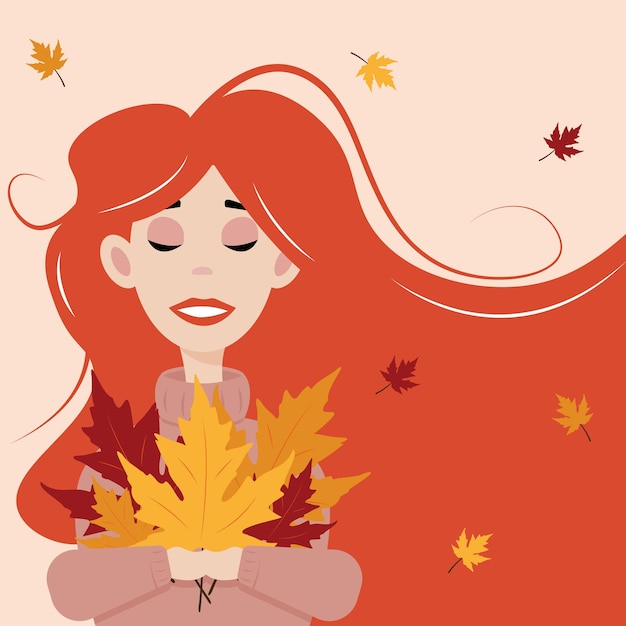 red hair girl with autumn leaves