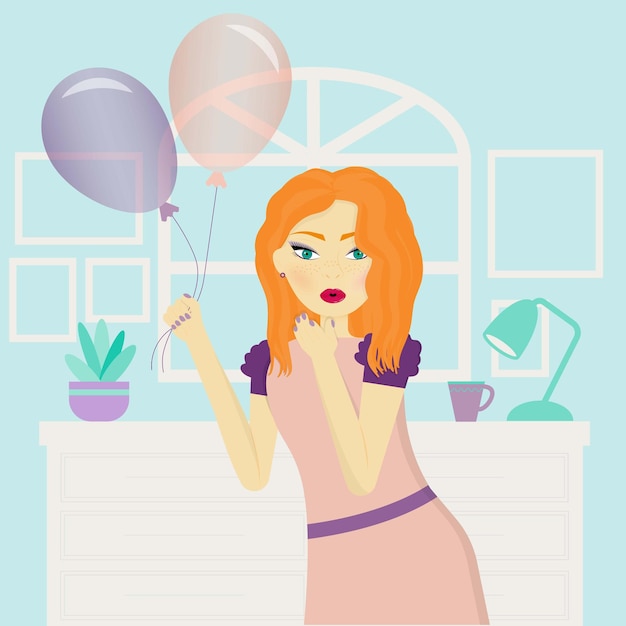 Vector red hair woman blowing kiss