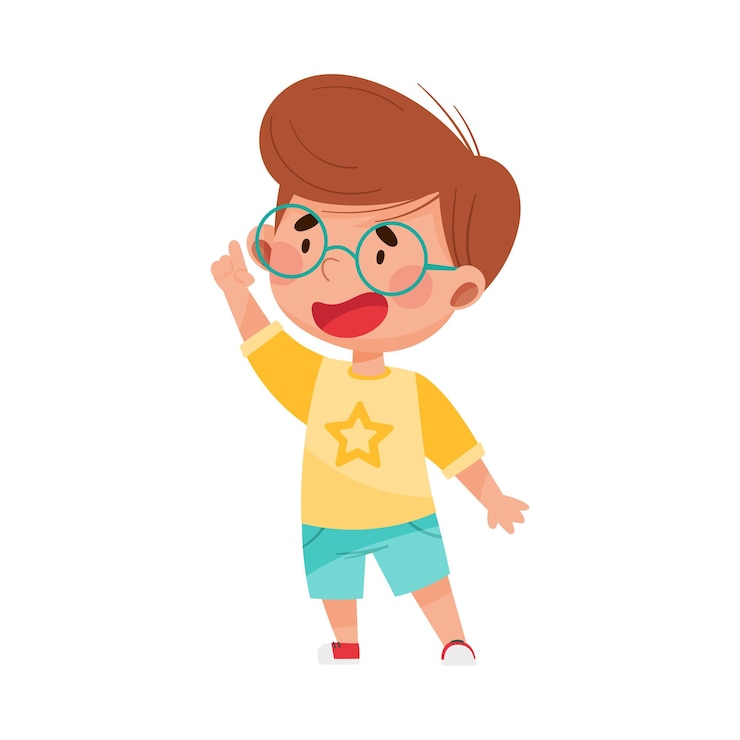 Vector 赤の少年が最初の指のベクトルイラストで何かを指さしている