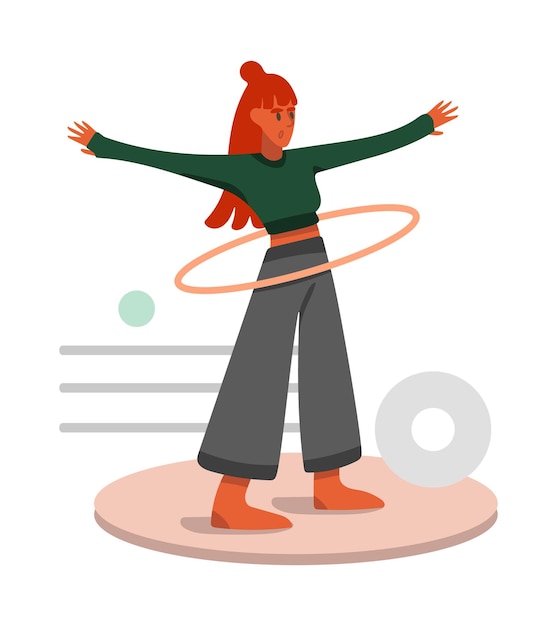 Vector red haired cartoon girl spins hoop around her waist morning workout indoors healthy and active lifestyle regular physical activity vector flat style illustration