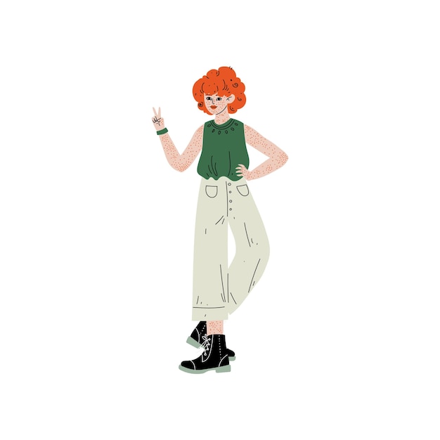 Red Haired Freckled Girl Showing Victory Sign Female Character Loving Her Body Self Acceptance Beauty Diversity Body Positive Vector Illustration on White Background