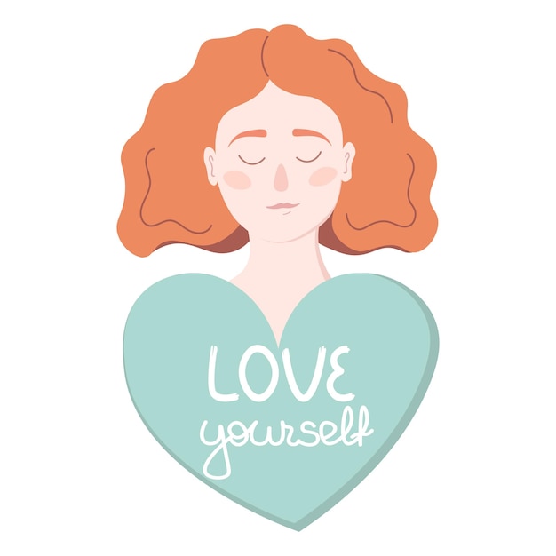 Red-haired girl. The inscription Love youreself. Self care, self love icon or body positive.