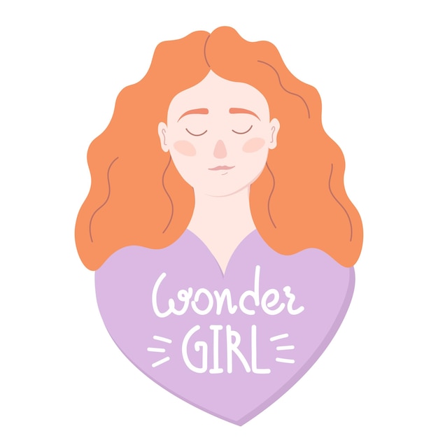 Red-haired girl. The inscription Wonder girl. Self care, self love icon or body positive concept.