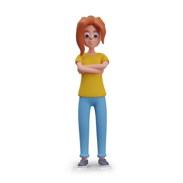 Vector red haired girl in jeans stands with her arms crossed on her chest