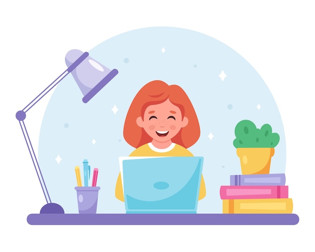 Vector red haired girl studying with computer online learning back to school concept