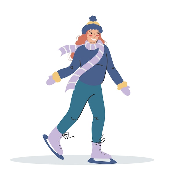 A red-haired girl in winter clothes is skating. Flat illustration on a white background. Winter sports.