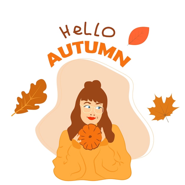 a red-haired girl with glasses with a pumpkin in her hands, autumn hello, leaves.. a warm sweater .