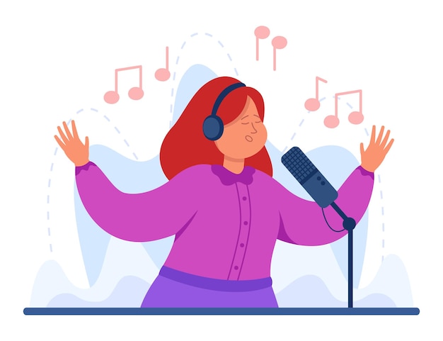 Red-haired girl with headphones singing song in front of microphone. Cartoon vocalist recording voice in studio flat illustration