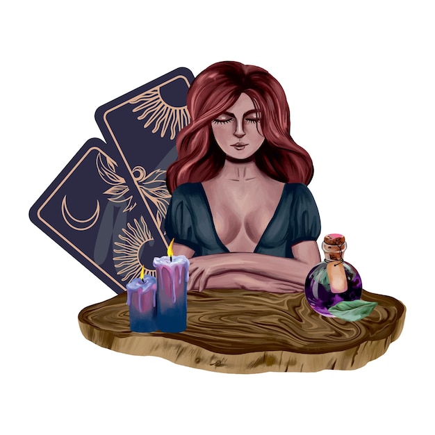 Vector red-haired witch at a wooden table, candles, a bottle of potion, tarot cards. vector esoteric illustration. design element for greeting cards, covers, banners, flyers, invitations.