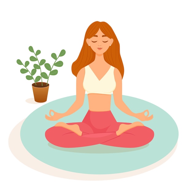 Red-haired woman practices yoga in the lotus position on a blue mat on a white background. Vector illustration of a woman doing asanas. The concept of yoga, meditation, sports, healthy lifestyle.