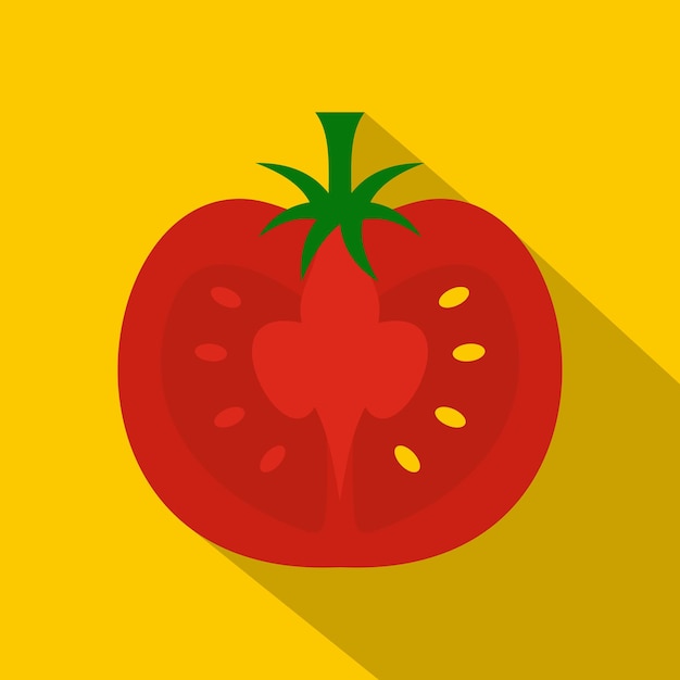 黄色の背景に隔離されたウェブ用トマトベクトルアイコンの赤い半分の平らなイラスト
