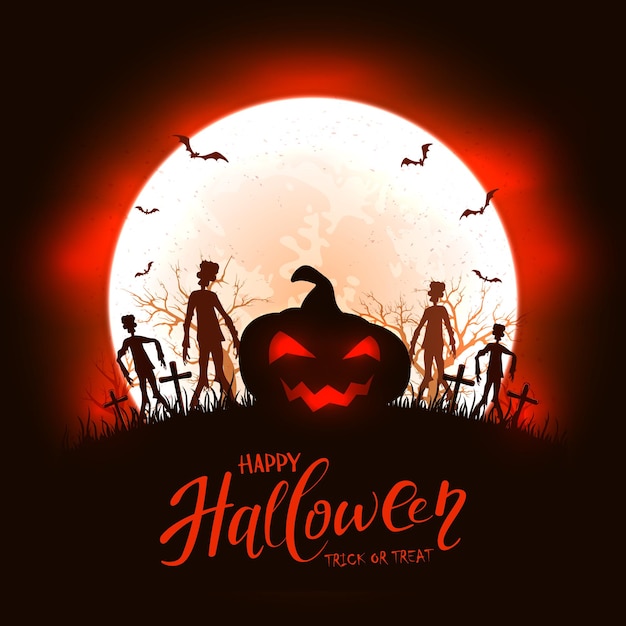 Vector red halloween background with pumpkin and zombies