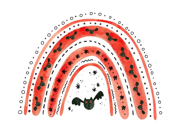 コウモリと赤いハロウィーンの虹。子供のハロウィーンのためのかわいい水彩イラスト。