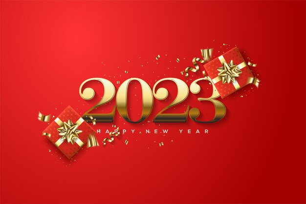 Red happy new year with 2023 gold number and 3d gift box