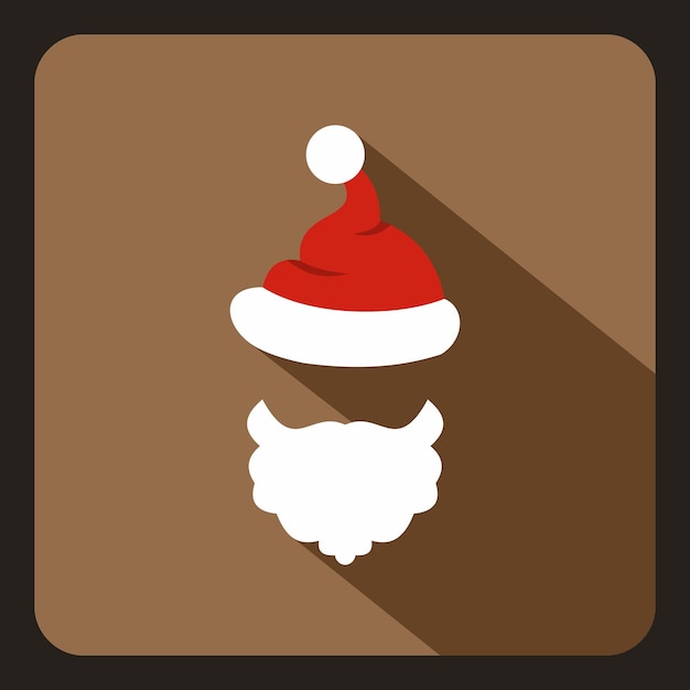 Red hat with pompom and beard of Santa Claus icon in flat style with long shadow New year symbol vector illustration