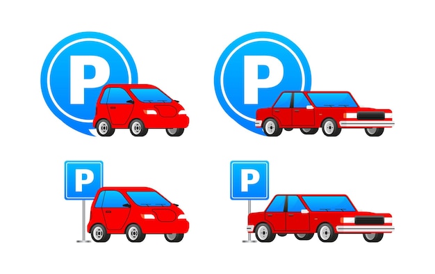 Вектор Красный хэтчбек и седан с синей сигнализацией о парковке иконки зоны парковки с векторной иллюстрацией автомобилей