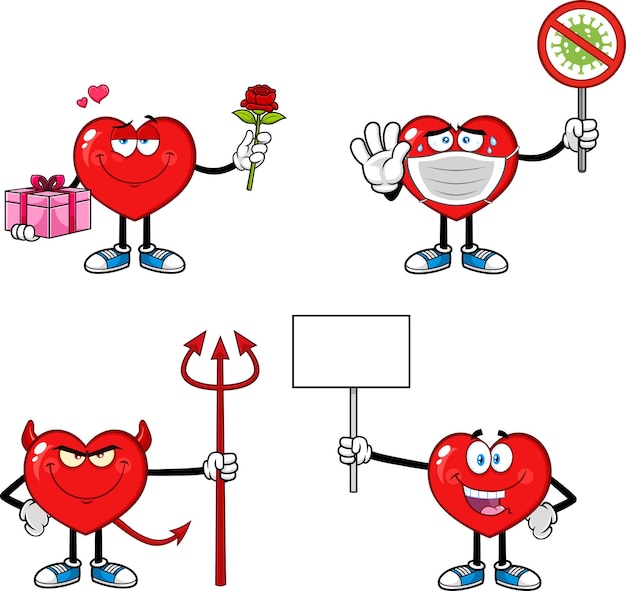 Коллекция векторов серии персонажей мультфильма "Красное сердце" изолирована на белом фоне