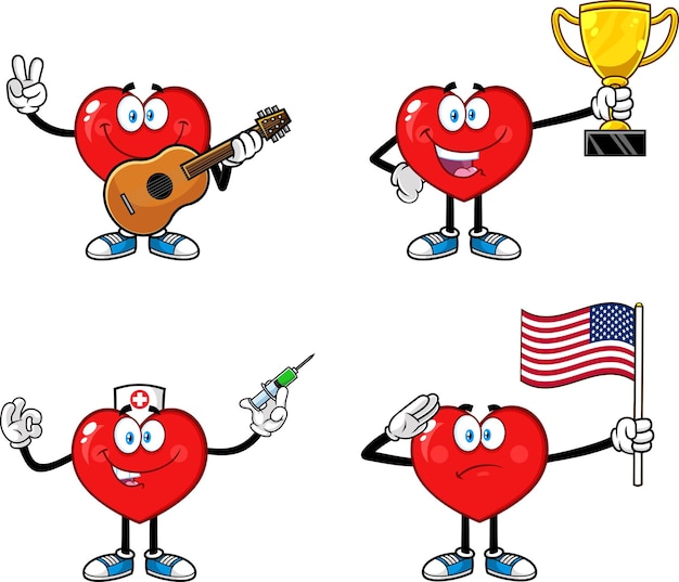 Red Heart Cartoon Character Series Vector Collection Set Isolated On White Background