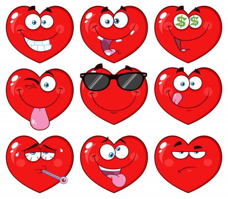 Vector red heart cartoon emoji face character 
