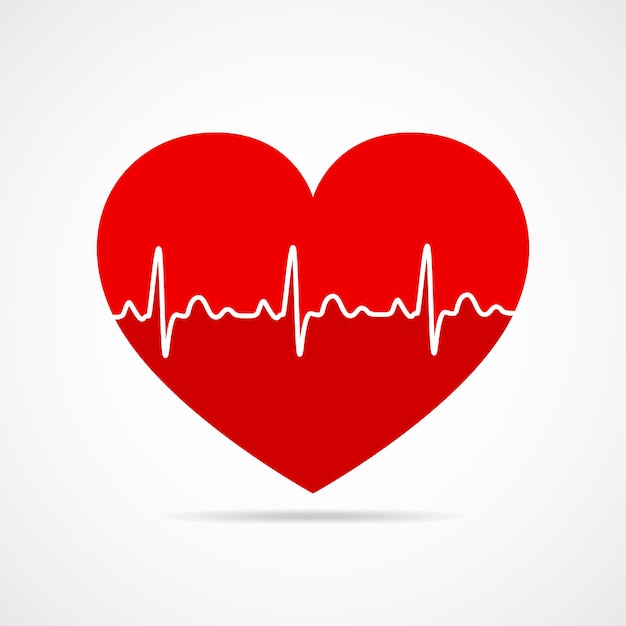 Красный значок сердца с сердцебиением знака. Векторная иллюстрация. Знак сердца в плоском дизайне.