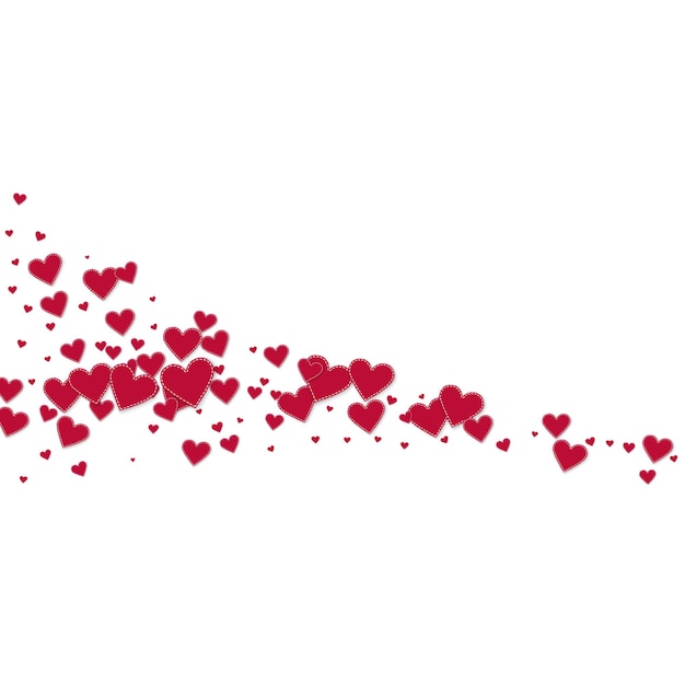 Red heart love confettis. Valentine's day comet dramatic background. Falling stitched paper hearts confetti on white background. Delicate vector illustration.