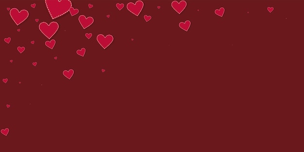 Red heart love confettis. Valentine's day falling rain exquisite background. Falling stitched paper hearts confetti on maroon background. Emotional vector illustration.