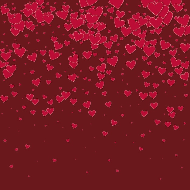 Red heart love confettis. Valentine's day gradient terrific background. Falling stitched paper hearts confetti on maroon background. Exotic vector illustration.