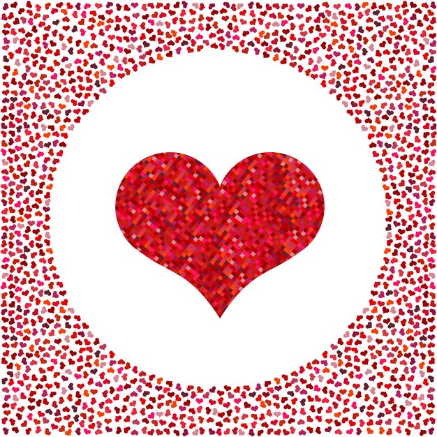 Red heart made of pixels and little hearts around. Valentines Day background with many hearts on a white background. Symbol of Love Element for wedding Template.