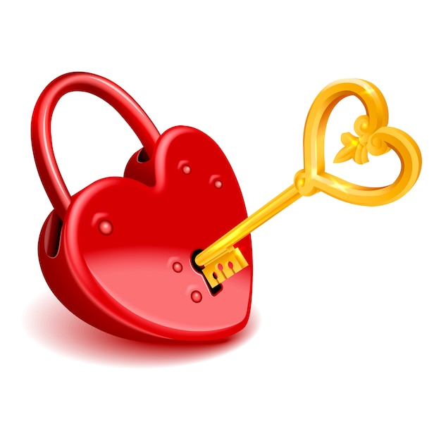 Vettore lucchetto cuore rosso con chiave d'oro isolato su sfondo bianco