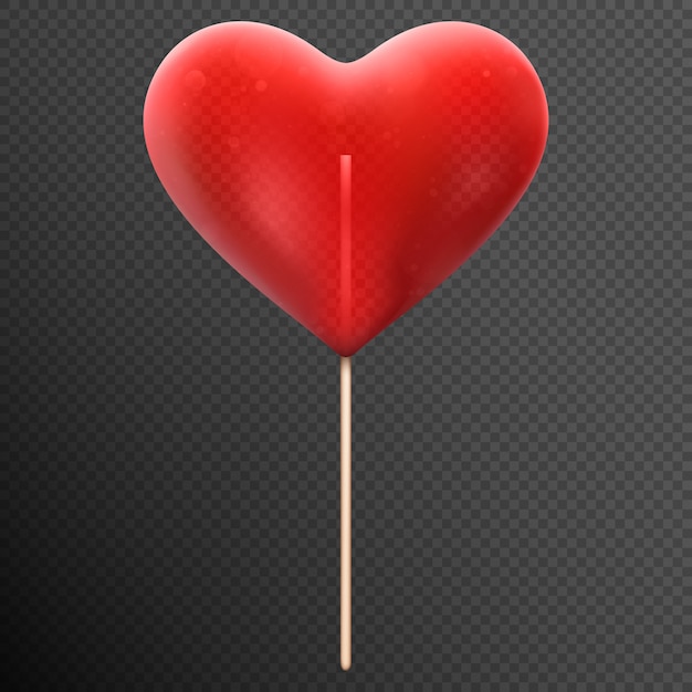 Vettore lecca lecca di caramelle a forma di cuore rosso.