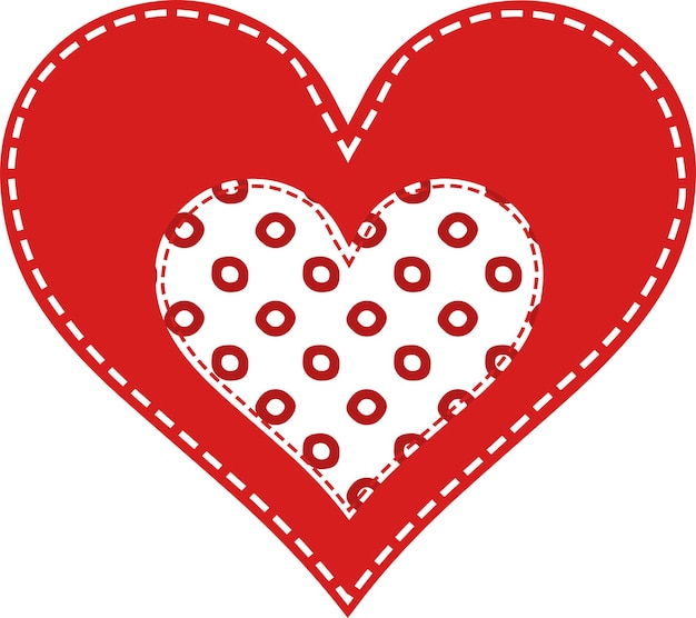 Red heart stitched with white thread inside the heart in red polka dots patchwork