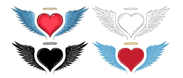 天使の羽と光輪を持つ赤いハートの 4 つのバリエーション
