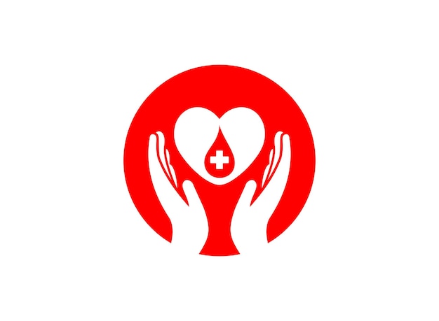 Red heart with blood droplet sign in hands blood donation vector icon