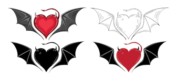 Vector red heart with devilish wings and tail horns on the head in four variants
