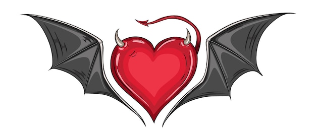 Red heart with devilish wings and tail Horns on the head