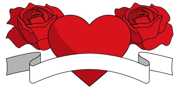 Vector red heart with red roses and white ribbon