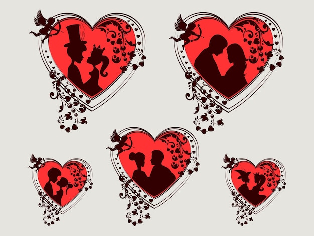 Vector red heart with silhouettes of a boy and a girl set