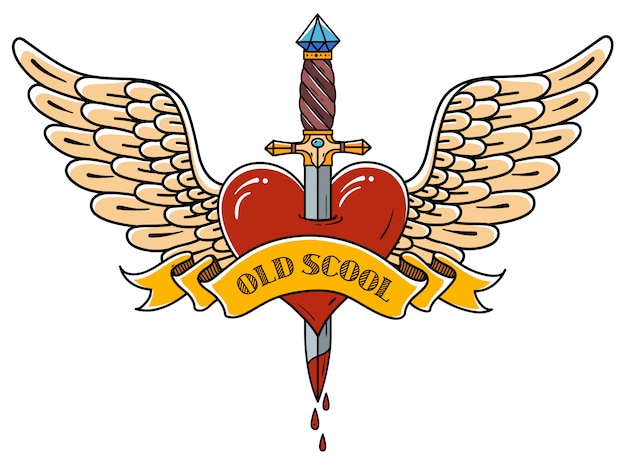 Red heart with wings pierced with ancient dagger