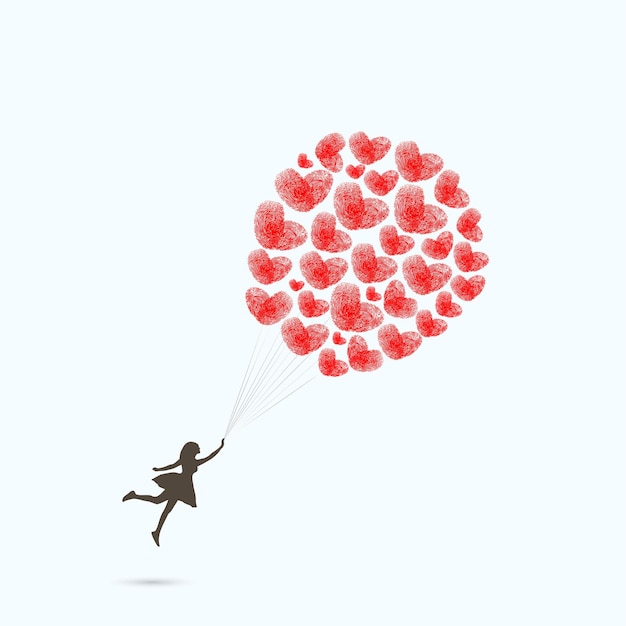 Vector red hearts balloon girl finger print