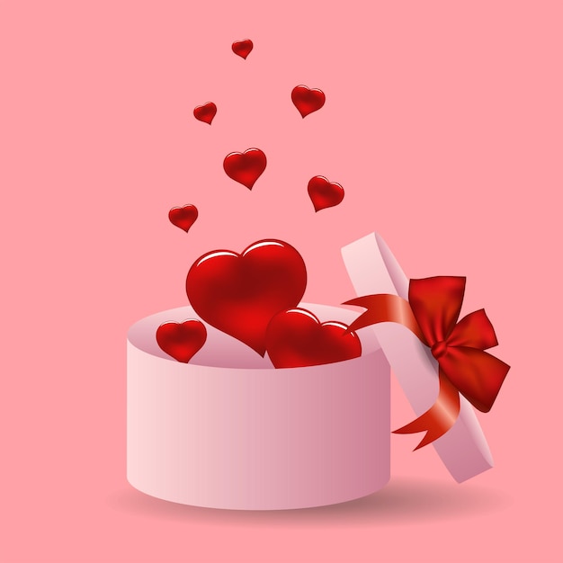 Red hearts fly out of an open gift box on a pink background Romantic background