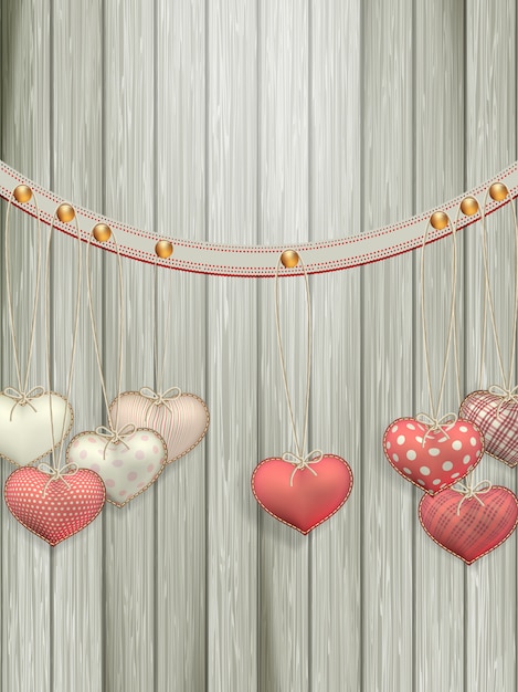 Vector red hearts hanging over old wood background.